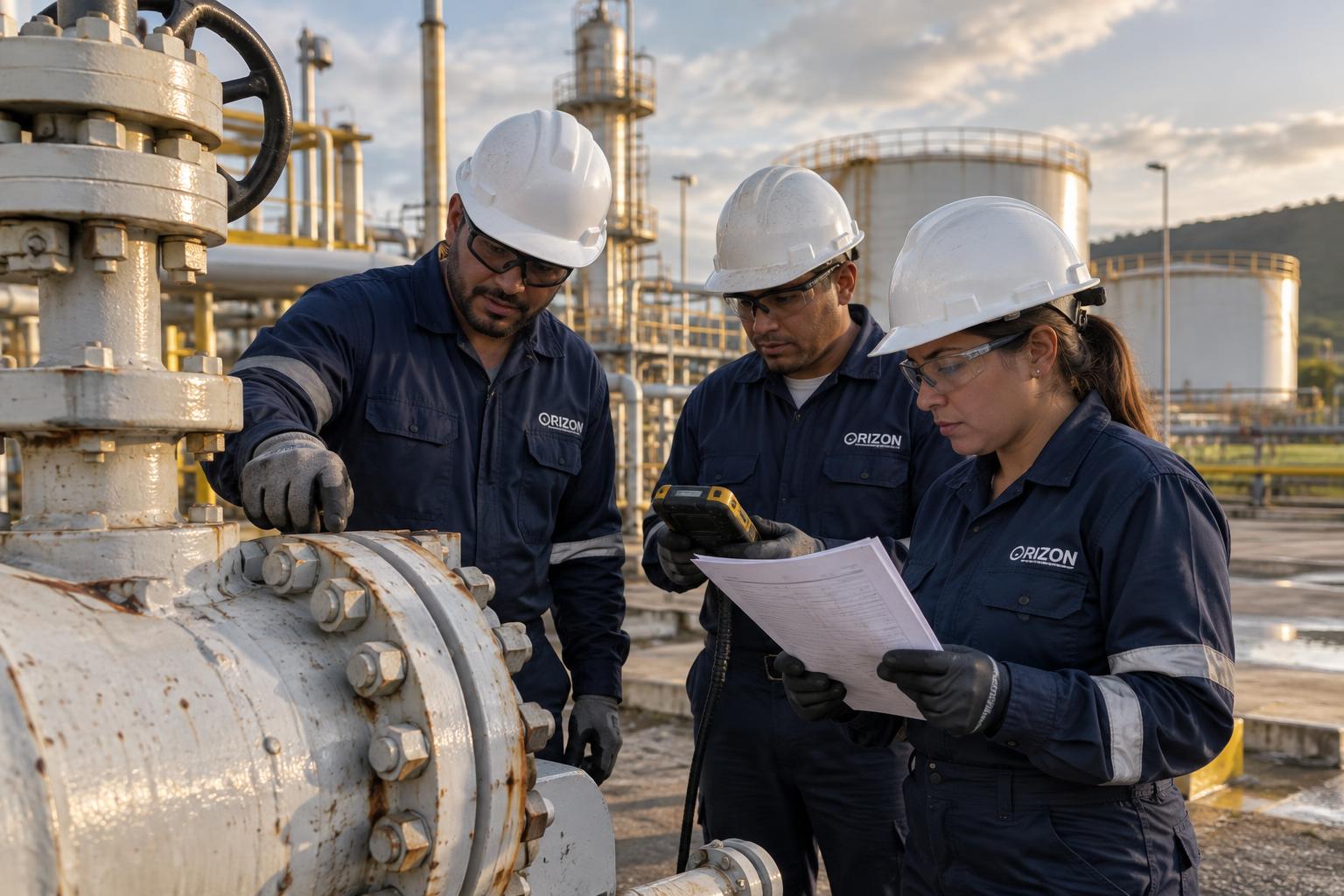 Supervisora y técnicos de Orizon inspeccionando una válvula industrial