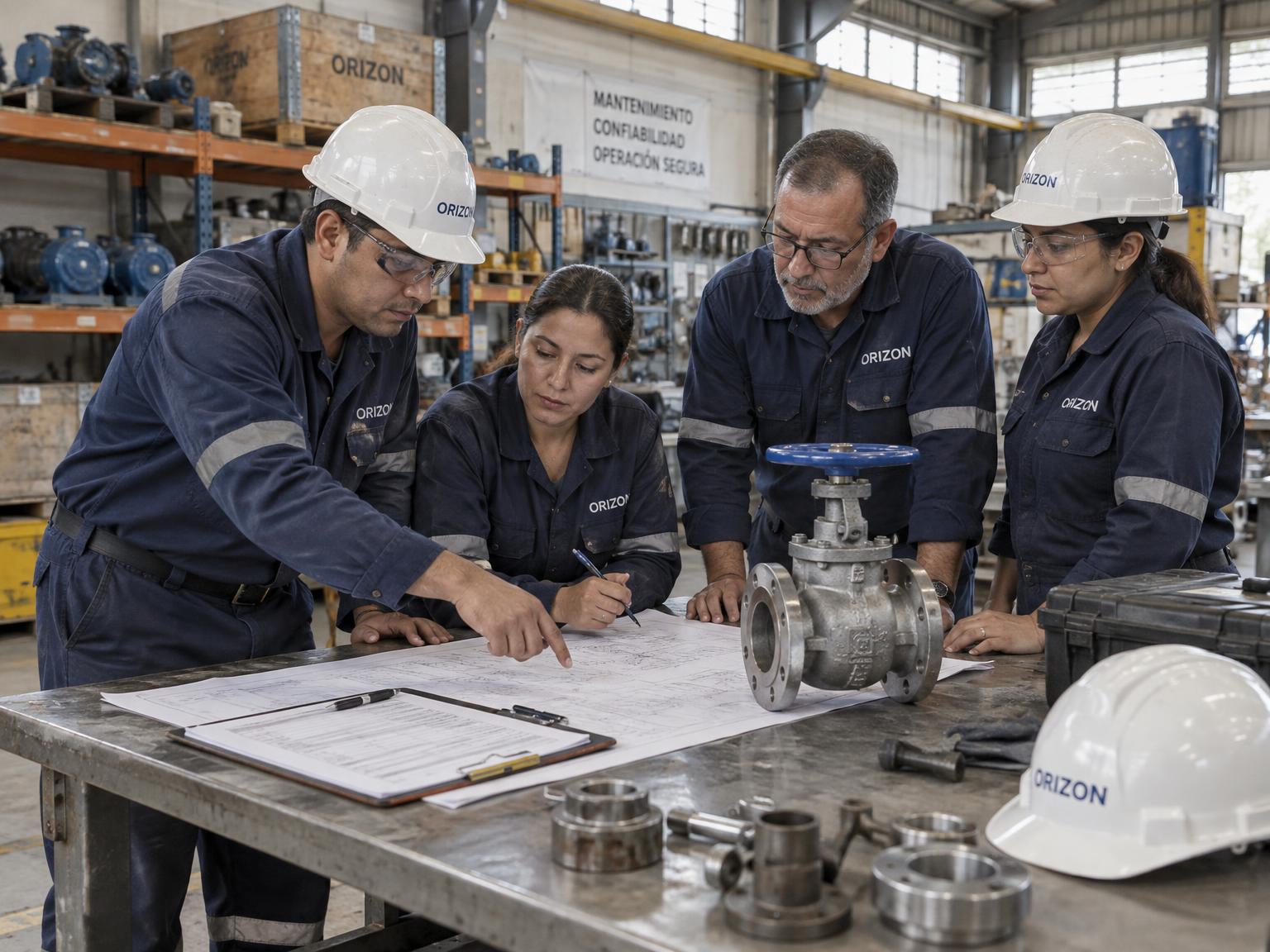 Equipo venezolano de Orizon revisando planos y una válvula en el galpón