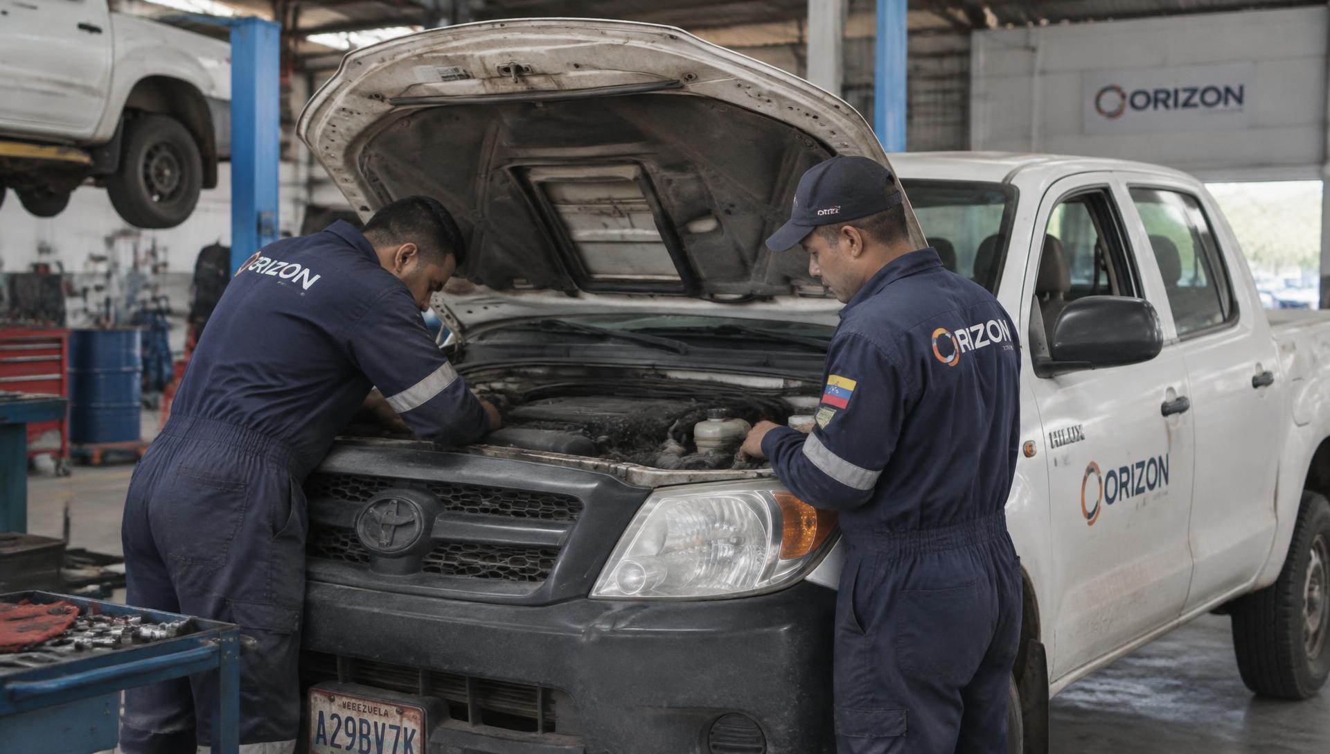 Mecánicos de Orizon reparando una camioneta de flota